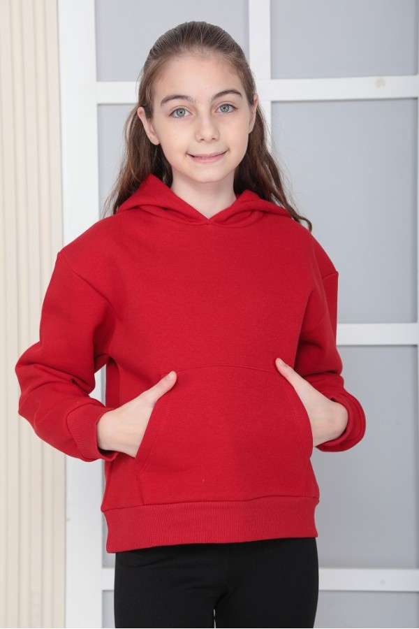 Giyimod Kız Çocuk Kırmızı Kapüşonlu 3 iplik Şardonlu Polarlı Rahat Kesim Sweatshirt S302KIRM